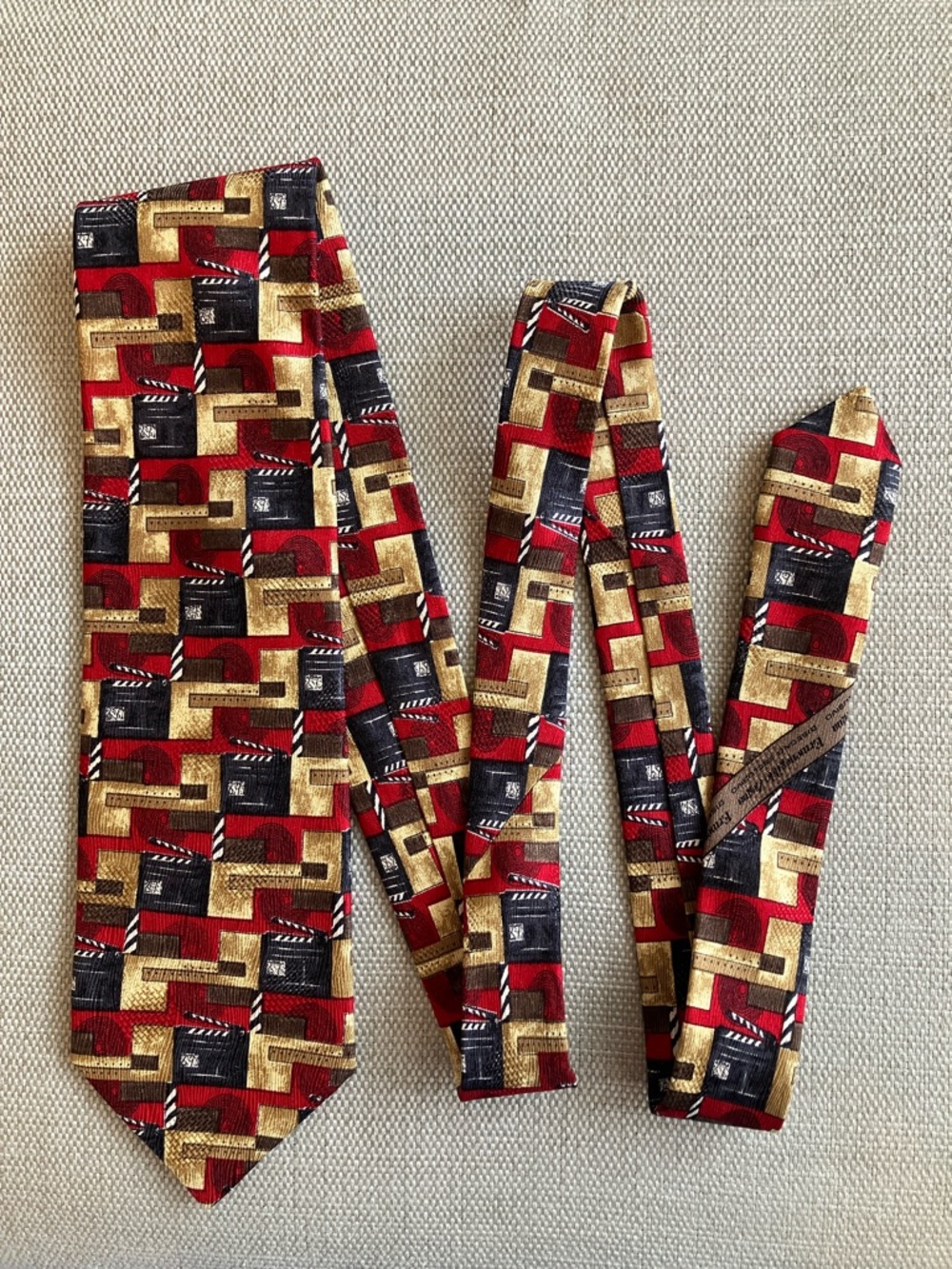 Vintage Ermenegildo Zegna silk tie, movie cinematic  theme, red, gold & black